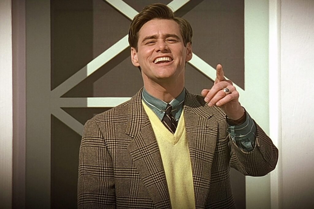 Truman Show Lessons, Truman show moral lesson, image of Truman pointing at camera